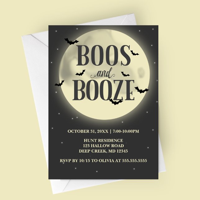 Invitation Boos et Booze Pleine lune Halloween Party (Boos and Booze Full Moon with Bats Halloween Party Invitation)