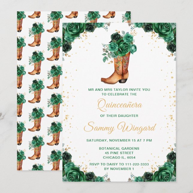 Invitation Boot de cowboy Floral foncé vert et or Quinceañera (Devant / Derrière)
