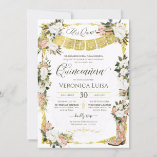 Invitation Boot Floral Charro Blush White Gold Quinceanera