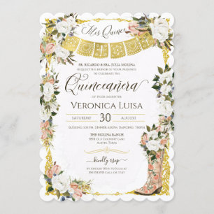 Invitation Boot Floral Charro Blush White Gold Quinceanera
