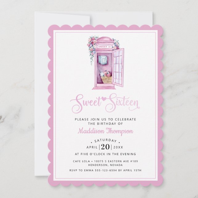 Invitation Booth de téléphone rose floral | Sweet 16 Invitati (Devant)