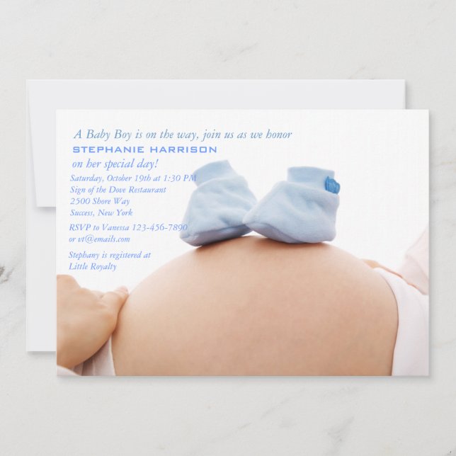 Invitation Booties bleues sur le Baby shower du ventre Invita (Devant)