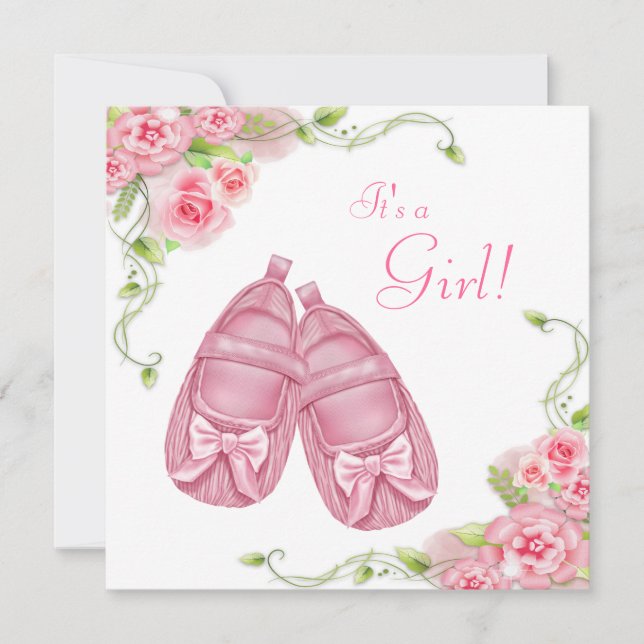 Invitation Booties satinées Rose Baby shower (Devant)