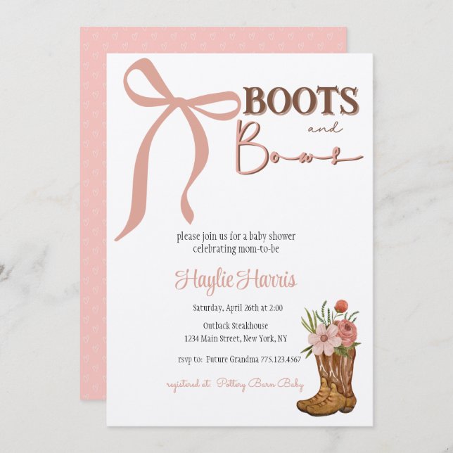 Invitation Boots and Bows Baby Girl Shower (Devant / Derrière)