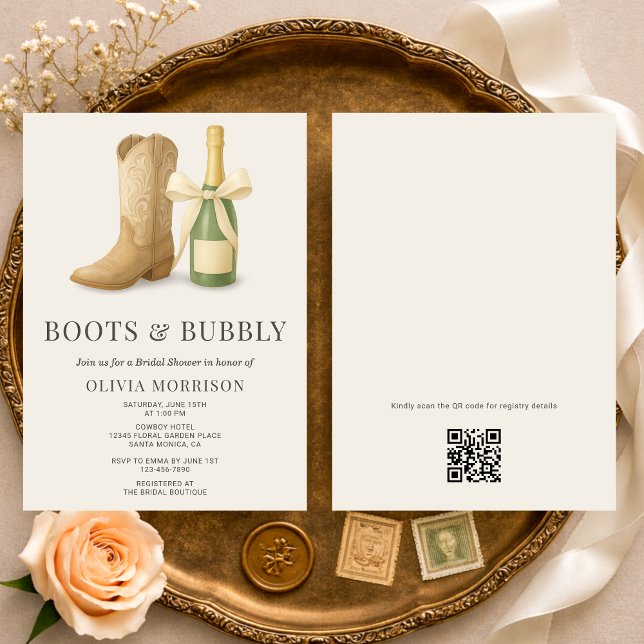 Invitation Boots and Bubbly QR Code Bow Bridal Shower (Créateur téléchargé)