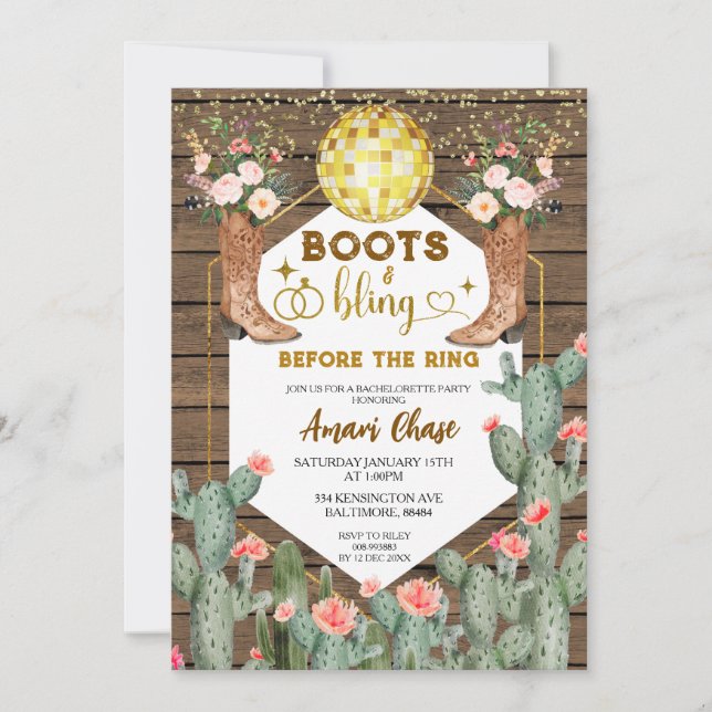 Invitation Boots & Bling Avant La Bachelorette De Bague (Devant)