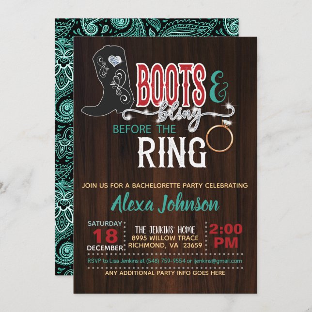 Invitation Boots & Bling avant l'invitation de l'anneau - Tur (Devant / Derrière)