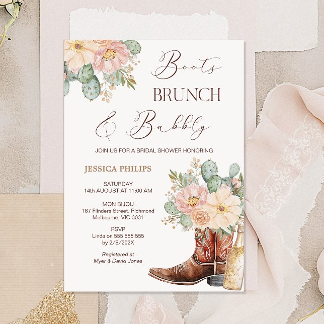 Invitation Boots Boho Blush Brunch Fête des mariées Bubbly (Floral Boots Brunch and Bubbly Bridal Shower Invitation Template, Cowgirl Boots Bridal Shower Bottle)