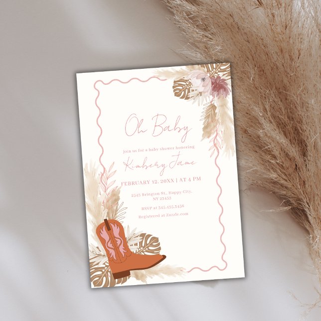Invitation Boots Boots Boho Cowgirl Pampas Baby shower en her (Boho Cowgirl Boots Pampas Grass Baby Shower Invitation)