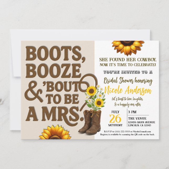 Invitation Boots Booze & Bout to be Mrs Fête des mariées Phot (Devant)