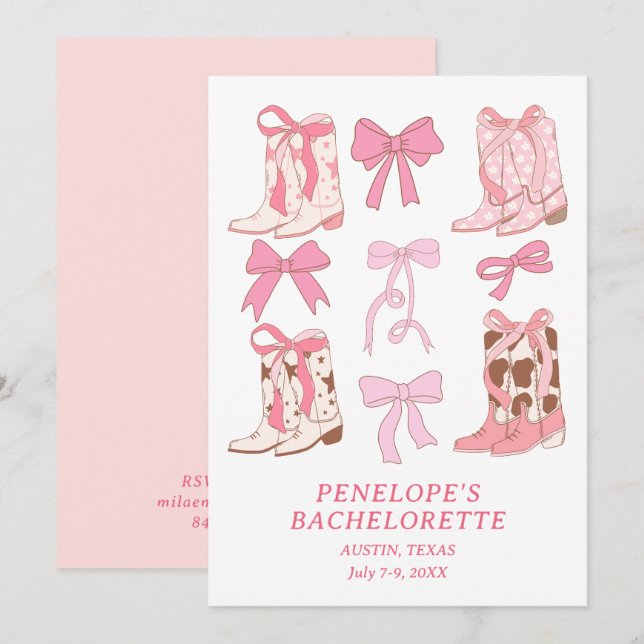 Invitation Boots & Bows Rose Girl Bachelorette Party (Devant / Derrière)