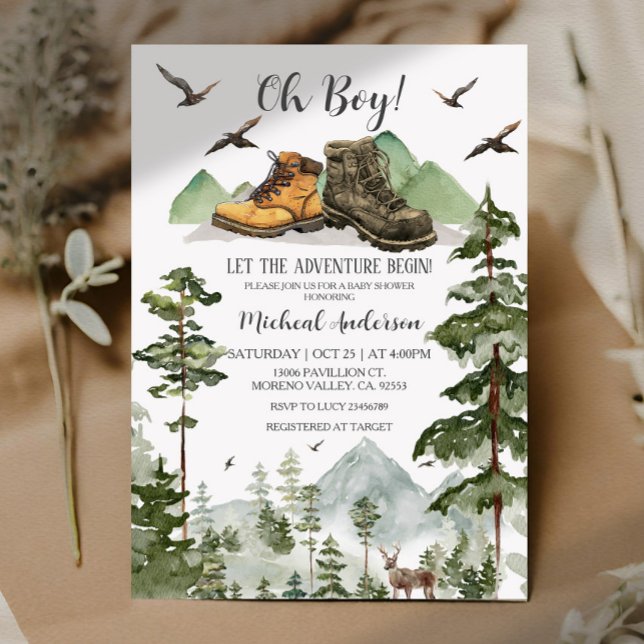 Invitation Boots Boy Pine Adventure Commencer le Baby shower  (Créateur téléchargé)