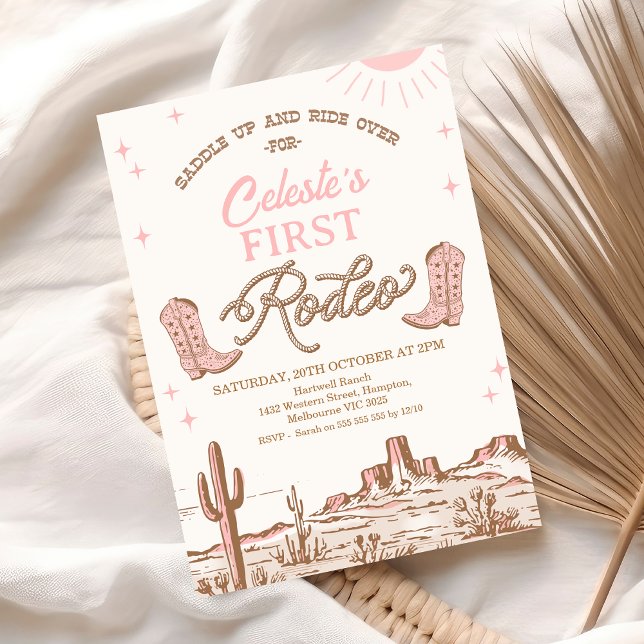 Invitation Boots Brown Pink Cowgirls Premier Rodéo 1er Annive (First Rodeo Birthday Invitation Card, Cowgirl 1st Birthday Invitation Rodeo Template, Pink Western)