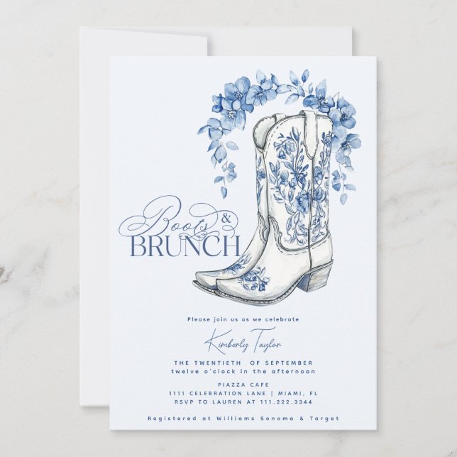 Invitation Boots & Brunch Dusty Blue Floral Fête des mariées (Devant)