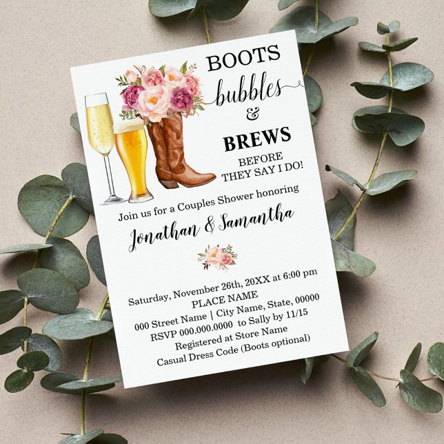 Invitation Boots Bubbles and Brews douche fleurs roses (Créateur téléchargé)