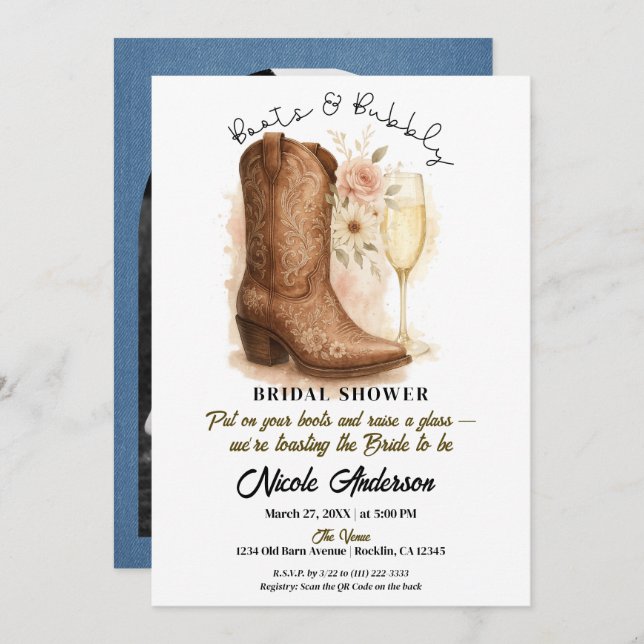 Invitation Boots & Bubbly Country Western Boot Fête des marié (Devant / Derrière)