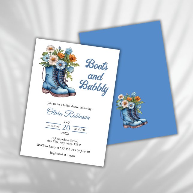 Invitation Boots & Bubbly Western Cowgirl Fête des mariées bl (Boots & Bubbly Western Cowgirl Blue Bridal Shower Invitation )