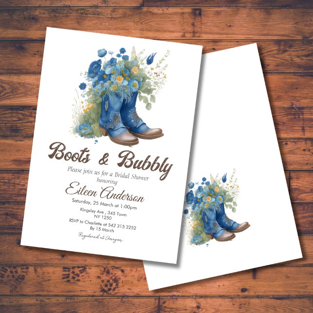 Invitation Boots & Bubbly Western Cowgirl Fête des mariées bl (Boots Bubbly Western Cowgirl Blue Bridal Shower Invite)
