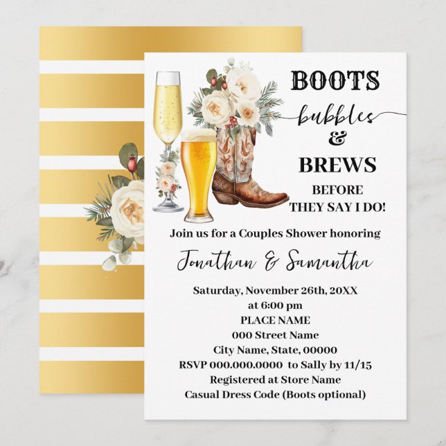 Invitation Boots Bulles & Bières Fête de Mariage d'Hiver (Devant / Derrière)