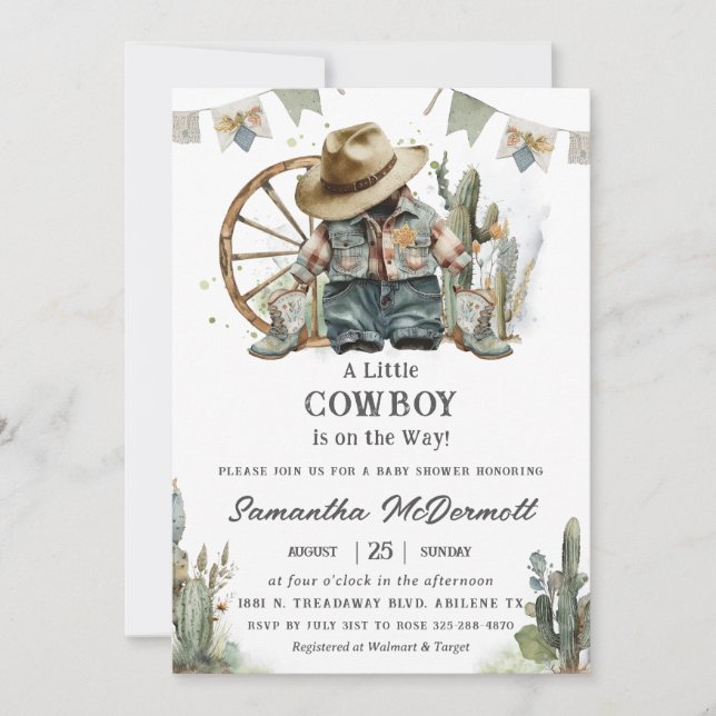 Invitation Boots Casquettes occidentaux de Cowboy Baby shower (Devant)