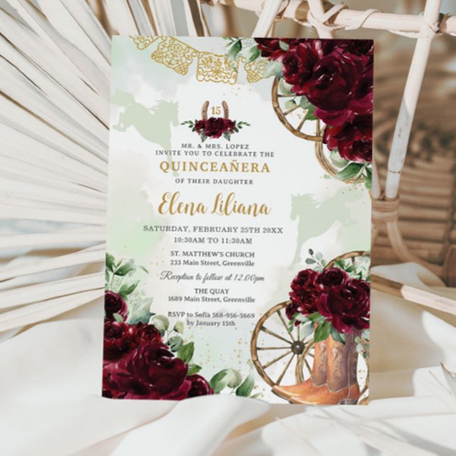 Invitation Boots Charro Floral Bourgogne doux 16 Quinceañera (Zazzle-burgundy-roses-floral-charro-cowboy-boots-horses-western-horseshoe-quinceanera-invitation)
