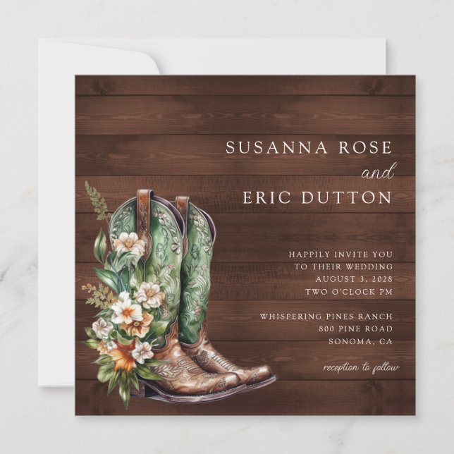 Invitation Boots Cowgirl Cowboy Floral Mariage (Devant)