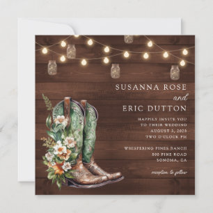 Invitation Boots Cowgirl Cowboy String Lumières Floral Mariag