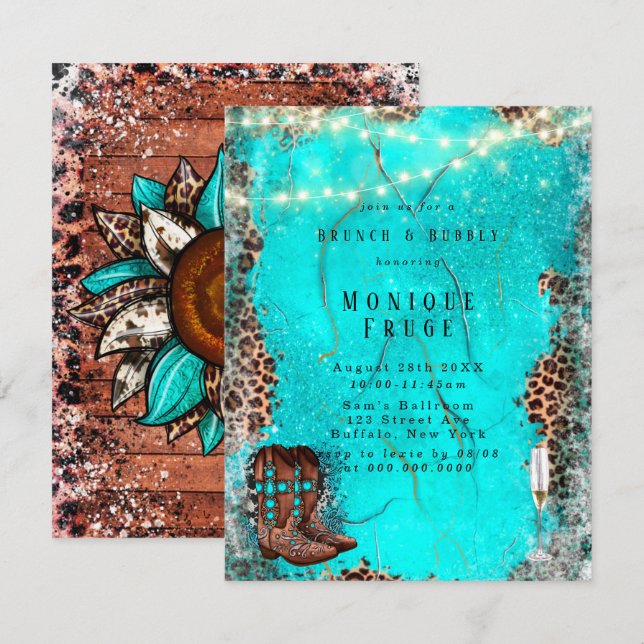 Invitation Boots de cow-boy Turquoise Brunch & Bubbly (Devant / Derrière)