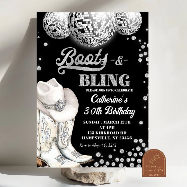 Invitation Boots et Bling Fête d'anniversaire Argentée (Créateur téléchargé)
