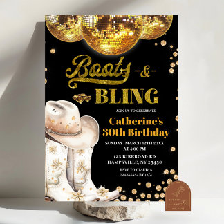 Invitation Boots et Blings d'or Fête d'anniversaire pour adul
