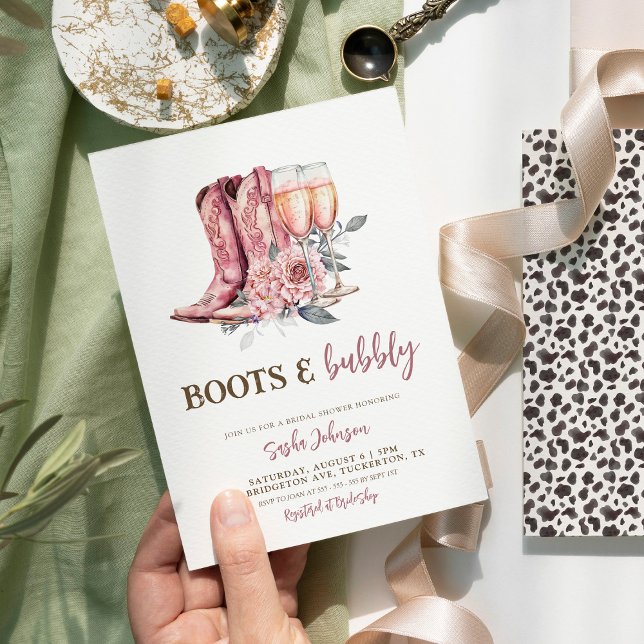Invitation Boots et Bubbly Elegant Fête des mariées rose (Créateur téléchargé)
