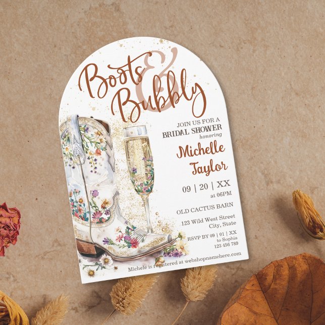 Invitation Boots et Bubbly Western Bride Wild West Country (boots and bubbly bridal shower invitation with cowboy boots with flowers and champagne glass)