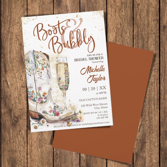 Invitation Boots et Bubbly Western Bride Wild West Country (boho terracotta cowgirl boots bridal shower)