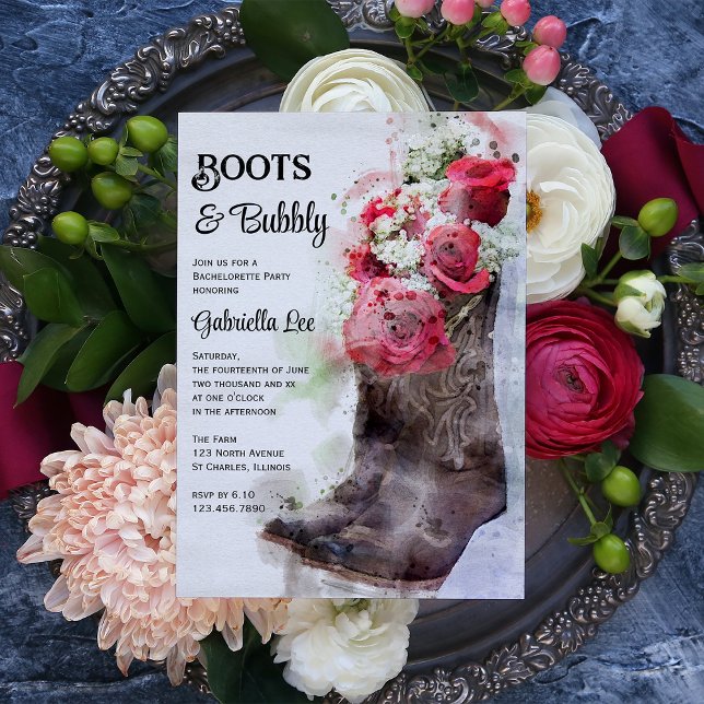 Invitation Boots Roses rustiques et Bubbly Bachelorette Party (Créateur téléchargé)