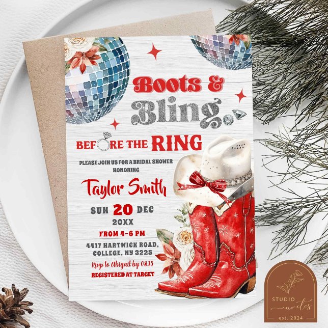 Invitation Boots rouges et Bling Disco Fête des mariées de No (Créateur téléchargé)