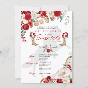 Invitation Boots rouges et Roses Papel Picado Quinceañera
