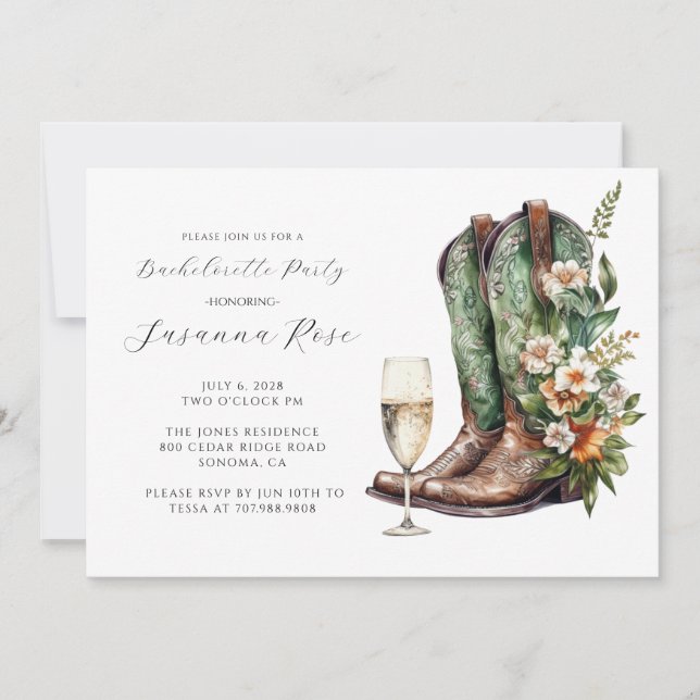 Invitation Boots rustiques Bubbly Bachelorette Party (Devant)
