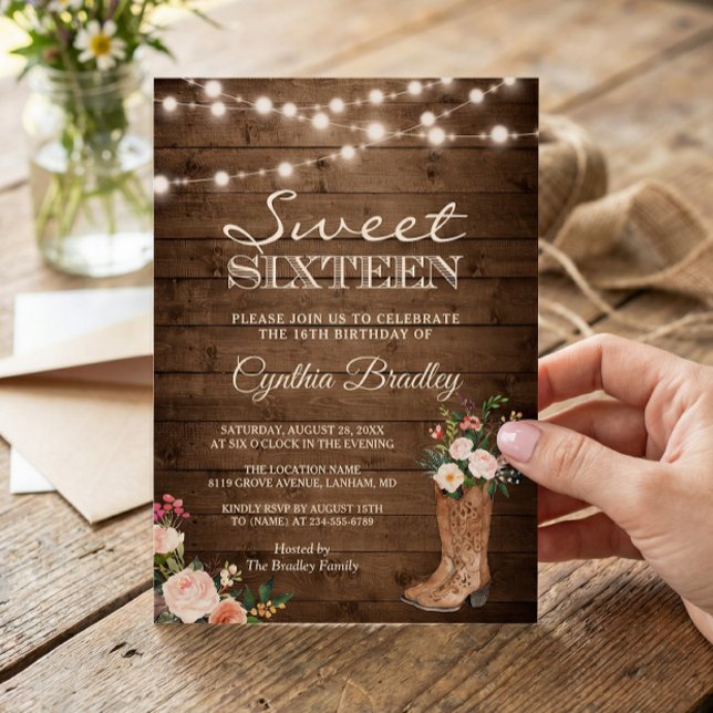 Invitation Boots rustiques Cowgirl Sweet sixteen 16 invitatio (Créateur téléchargé)
