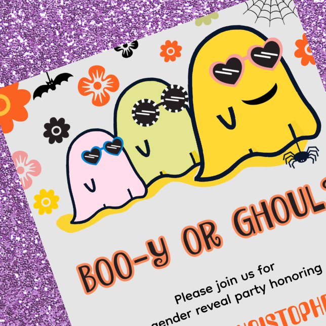 Invitation Booy ou Ghoul les années 70 Ghost Halloween Genre (Booy-or-Ghoul-70s-Ghost-Halloween-Gender-reveal-Invitation-1)