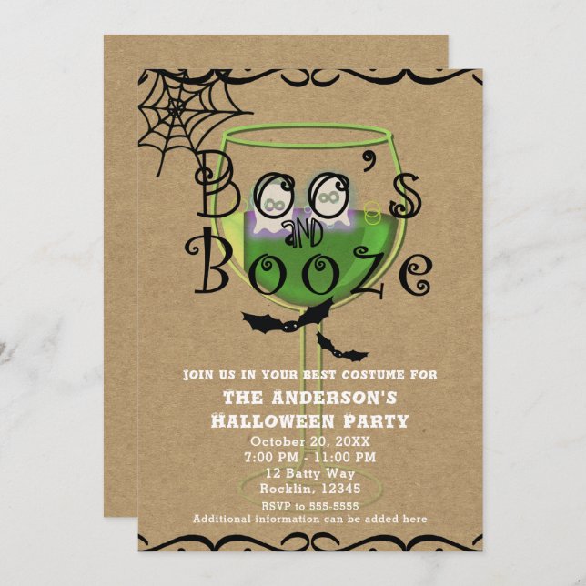 Invitation Booze & Booze Ghosts & Bats Kraft Halloween Party (Devant / Derrière)