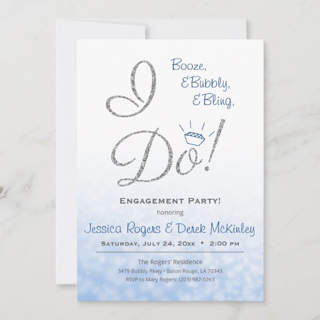 Invitation Booze, Bubbly & Bling, I DO Blue Engagement Party (Devant)