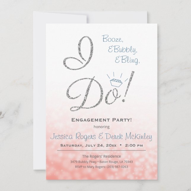Invitation Booze, Bubbly & Bling, I DO Pink Engagement Party (Devant)