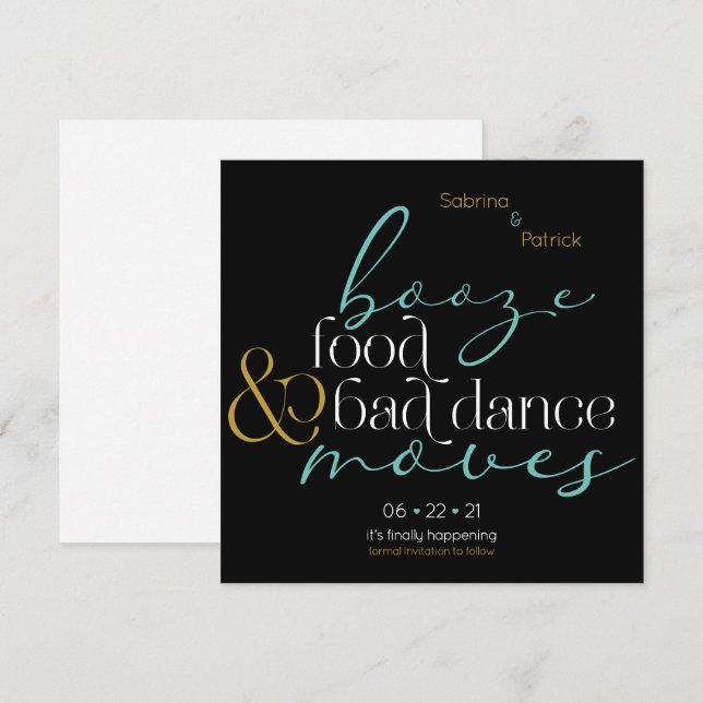 Invitation Booze d'or turquoise Aliments Mauvaise Danse Dépla (Devant / Derrière)