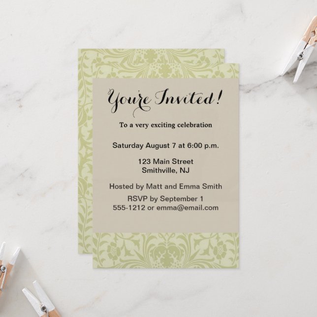 Invitation Borage Vert Tendre Mariage William Morris (Devant/Arrière en situation)