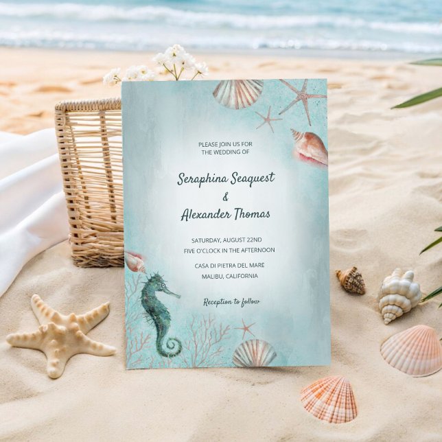 Invitation Bord de mer | Plage Eau Bleue Aquarelle Coquillage (Créateur téléchargé)