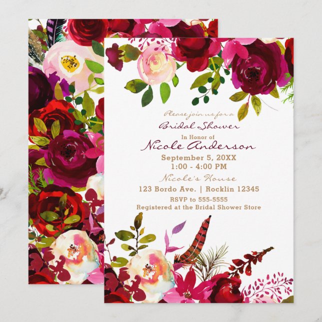 Invitation Bordeaux Bourgogne Marron Bohème Floral Mariage (Devant / Derrière)