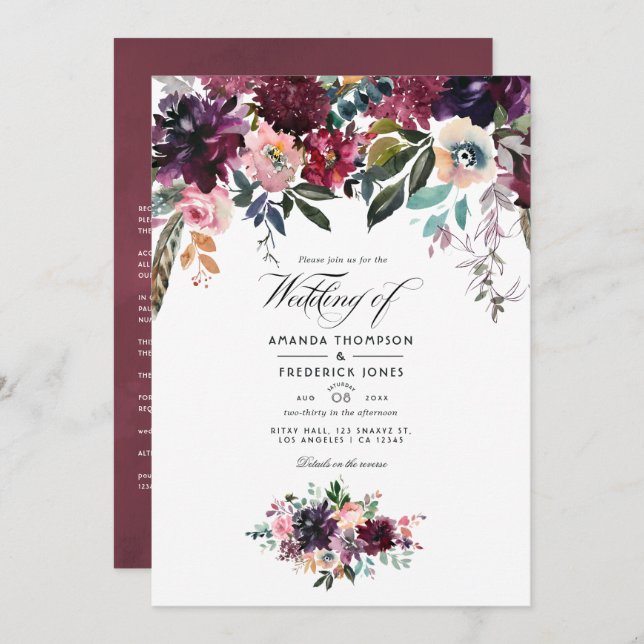 Invitation Bordeaux Couleur Vin Floral Jardin Mariage (Devant / Derrière)