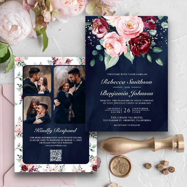 Invitation Bordeaux Floral Code QR Rose Saumon Mariage Bleu M (Créateur téléchargé)