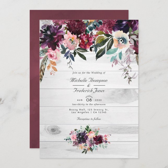 Invitation Bordeaux Floral Jardin QR Code RSVP Mariage Invita (Devant / Derrière)