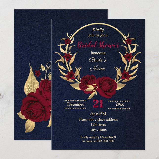 Invitation bordeaux or floral marine bleu nuptiale (Devant / Derrière)